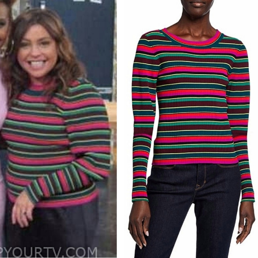 Milly Stripe Puff Sleeve Rib Knit Pullover Candycane Holiday Sweater Top